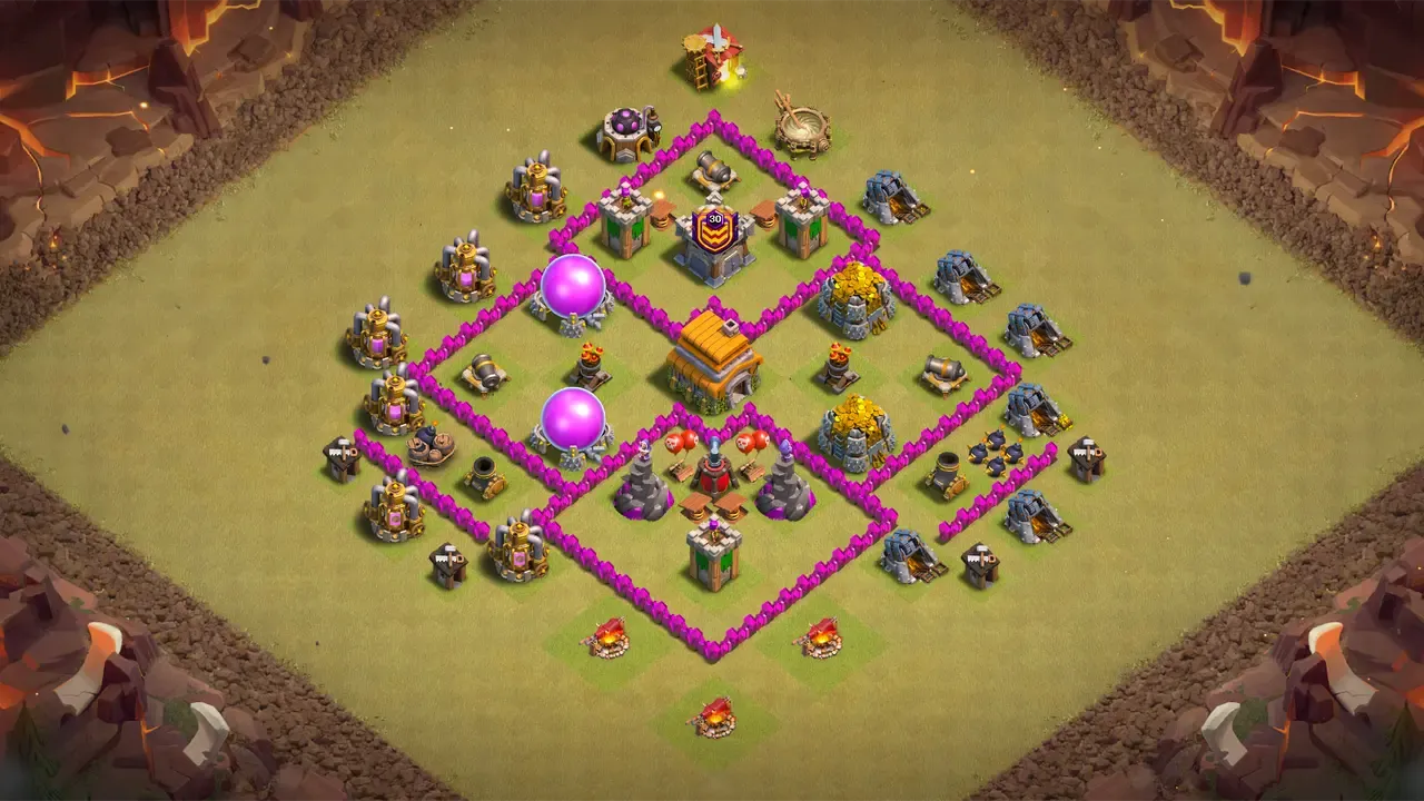 TH6 war base with zero-Lightning-value Air Defenses, an outside Mortar disrupting attack paths, and Wizard Towers splashing grouped troops.