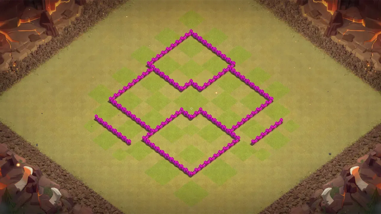TH6 war base with zero-Lightning-value Air Defenses, an outside Mortar disrupting attack paths, and Wizard Towers splashing grouped troops. wall view - wall layout only for clash of clans town hall 6