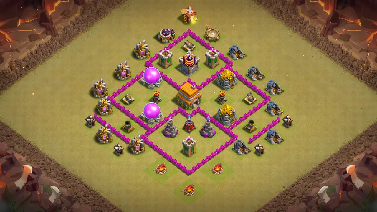 TH6 war base with zero-Lightning-value Air Defenses, an outside Mortar disrupting attack paths, and Wizard Towers splashing grouped troops. scout view - full base layout for clash of clans town hall 6