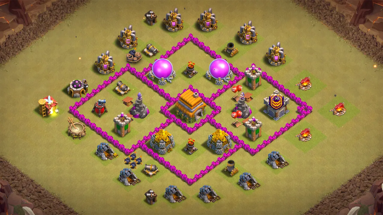 TH6 war base with zero-Lightning-value Air Defenses, outside Cannons and Mortar disrupting pathing, and Bombs punishing grouped Wizards.