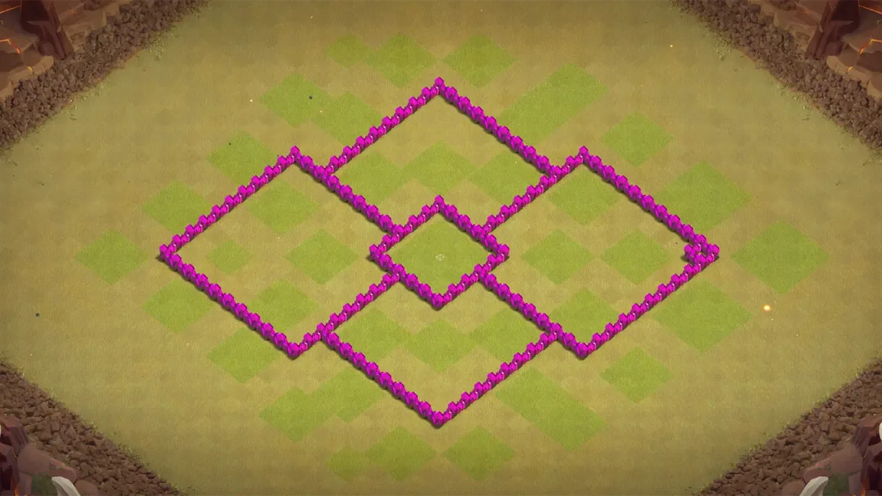 TH6 war base with zero-Lightning-value Air Defenses, outside Cannons and Mortar disrupting pathing, and Bombs punishing grouped Wizards. wall view - wall layout only for clash of clans town hall 6