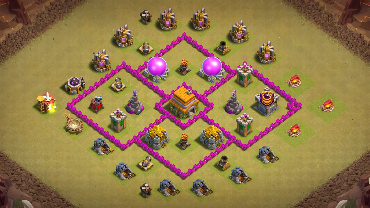TH6 war base with zero-Lightning-value Air Defenses, outside Cannons and Mortar disrupting pathing, and Bombs punishing grouped Wizards. scout view - full base layout for clash of clans town hall 6
