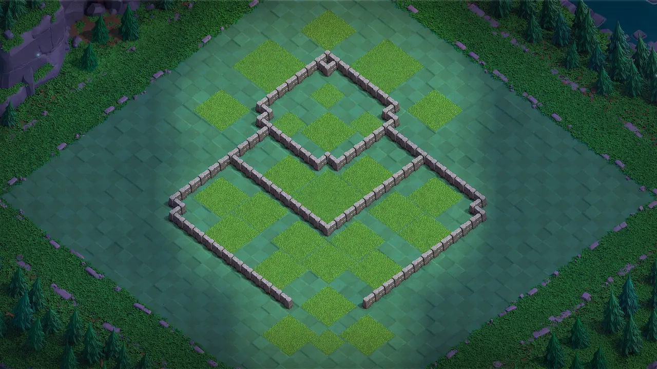 Builder Hall 5 anti-2-star base layout with a centered Builder Hall, 2-tile gaps, and a Crusher guarding the bottom compartment wall view - wall layout only for clash of clans builder hall 5
