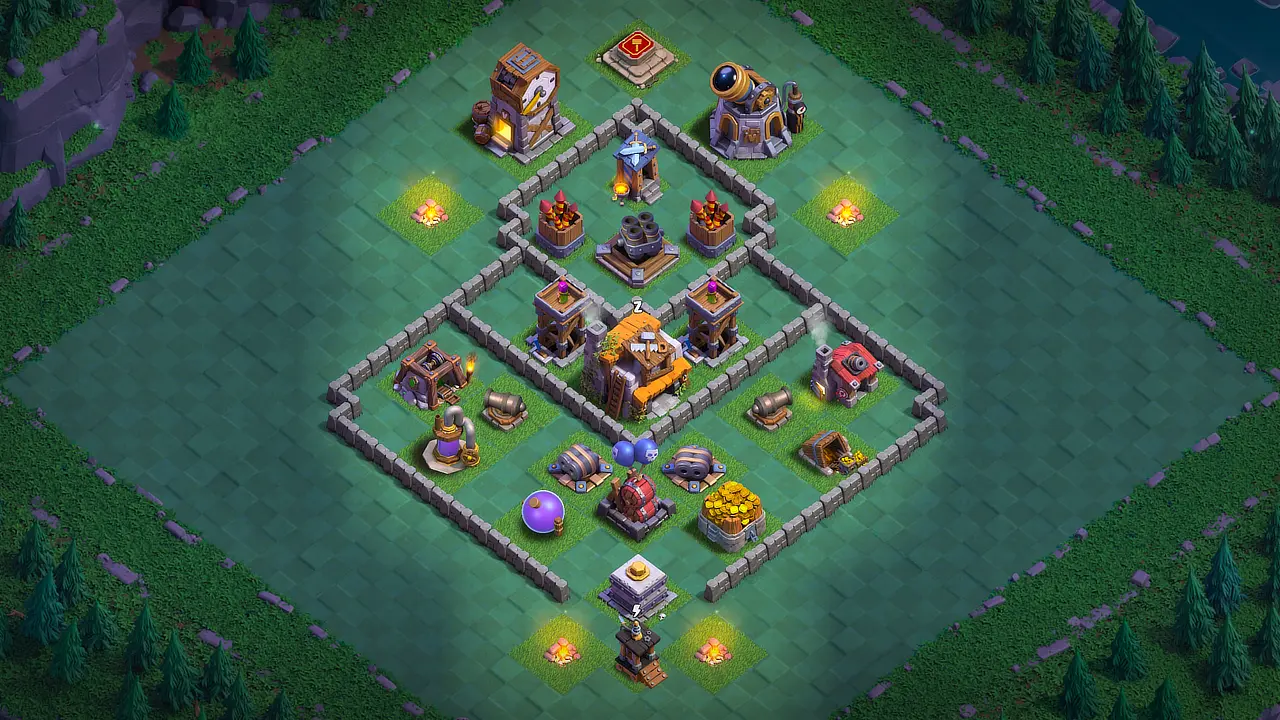 Builder Hall 5 anti-2-star base layout with a centered Builder Hall, 2-tile gaps, and a Crusher guarding the bottom compartment scout view - full base layout for clash of clans builder hall 5