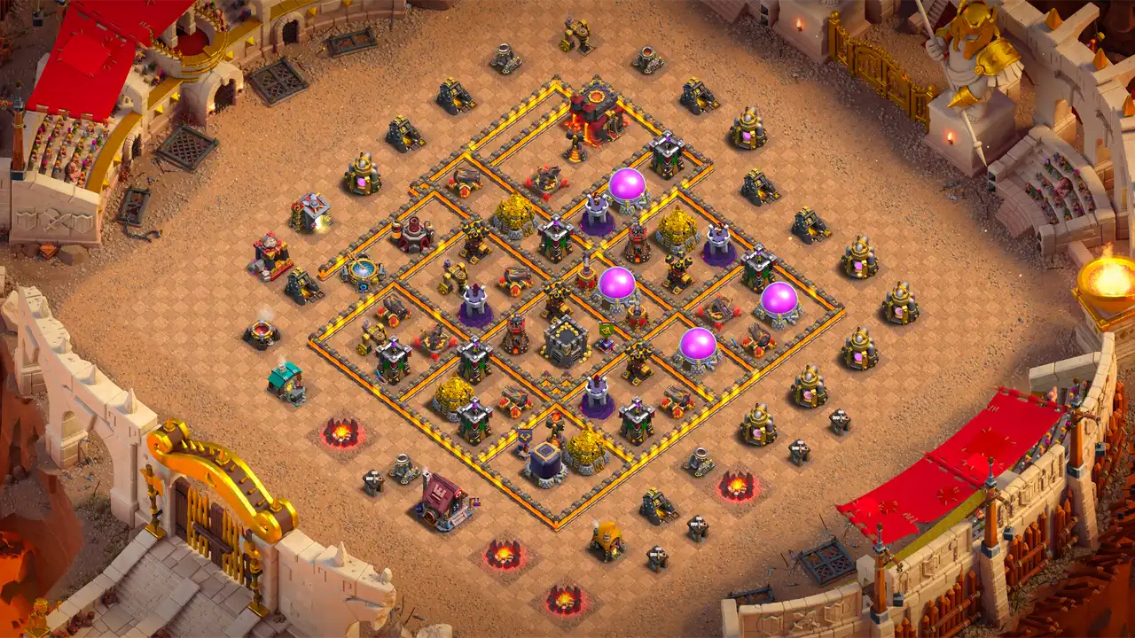 th10 anti 3 star cwl base scout view - full base layout for clash of clans town hall 10