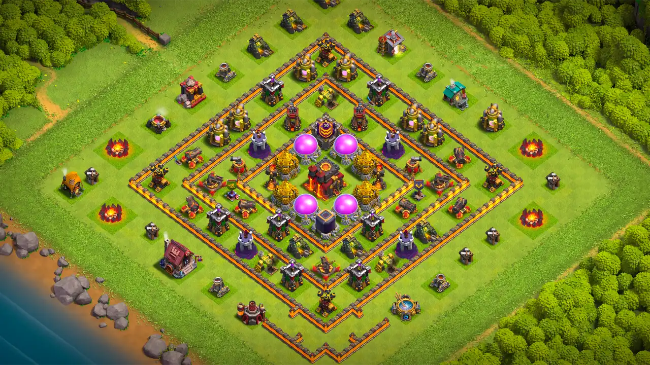 th10 anti 2 star farming base scout view - full base layout for clash of clans town hall 10