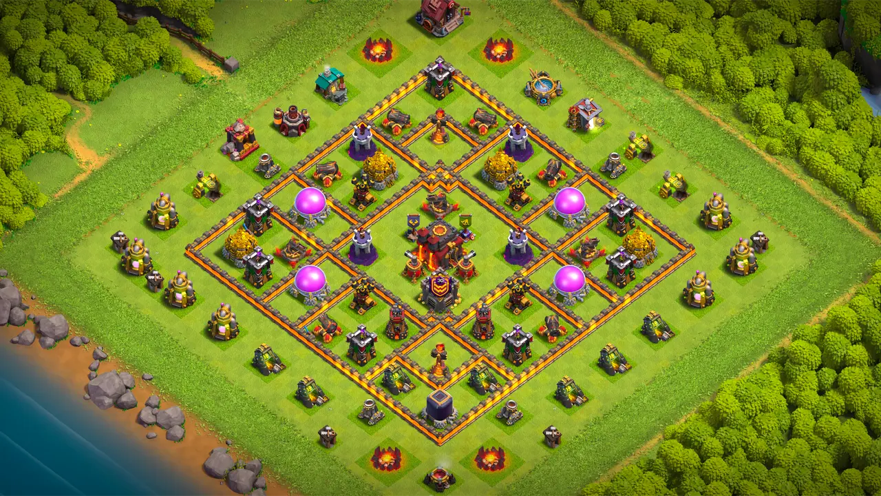 th10 anti 2 star trophy base scout view - full base layout for clash of clans town hall 10