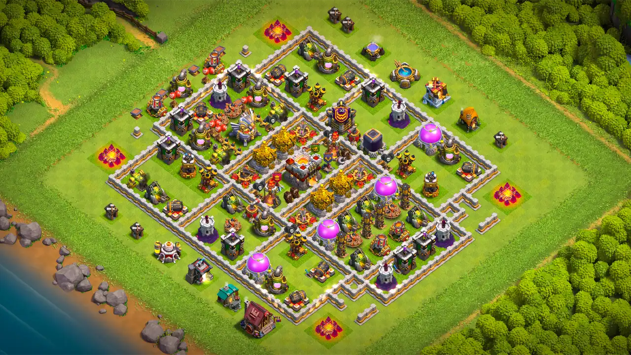 TH11 farming base layout in Clash of Clans with all storages inside the walls, Valkyries and core defenses to stop Sneaky Goblins.