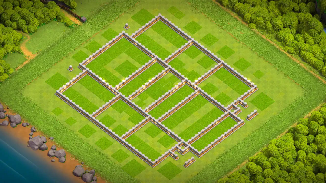 TH11 farming base wall layout in Clash of Clans with every storage inside closed compartments, Giant Bombs to stop Sneaky Goblins.