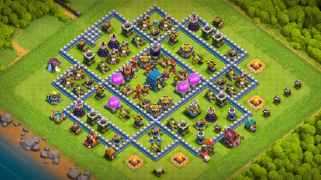 th12 anti 2 star farming base scout view - full base layout for clash of clans town hall 12