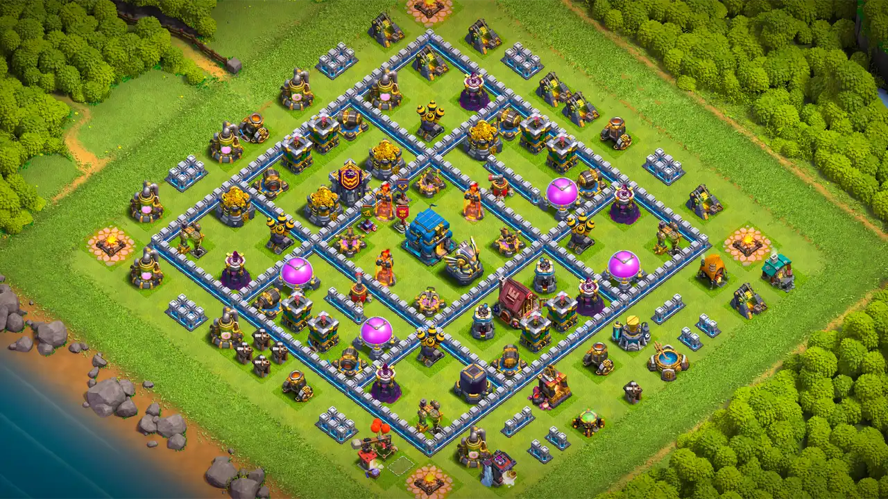 th12 anti 2 star trophy base scout view - full base layout for clash of clans town hall 12