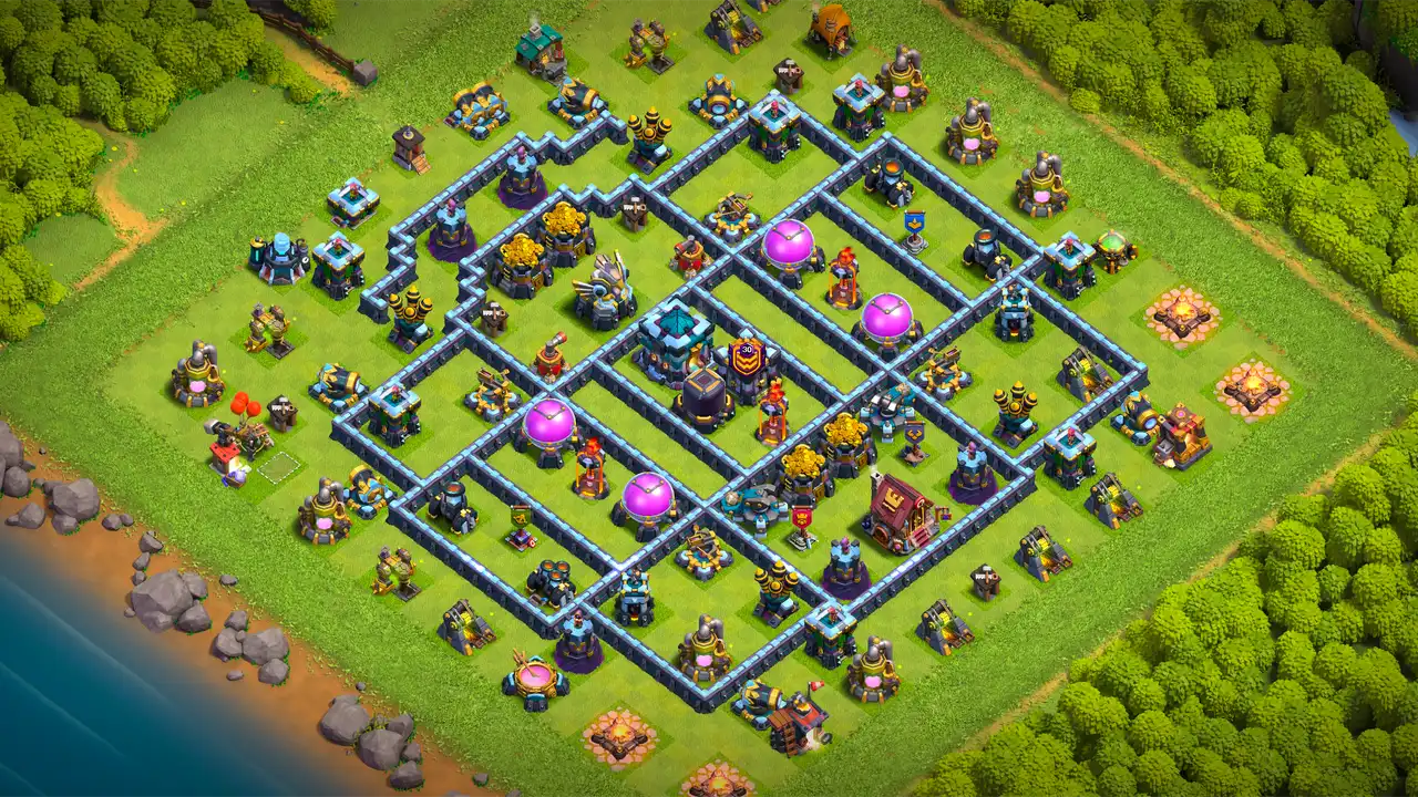 th13 anti 2 star farming base scout view - full base layout for clash of clans town hall 13