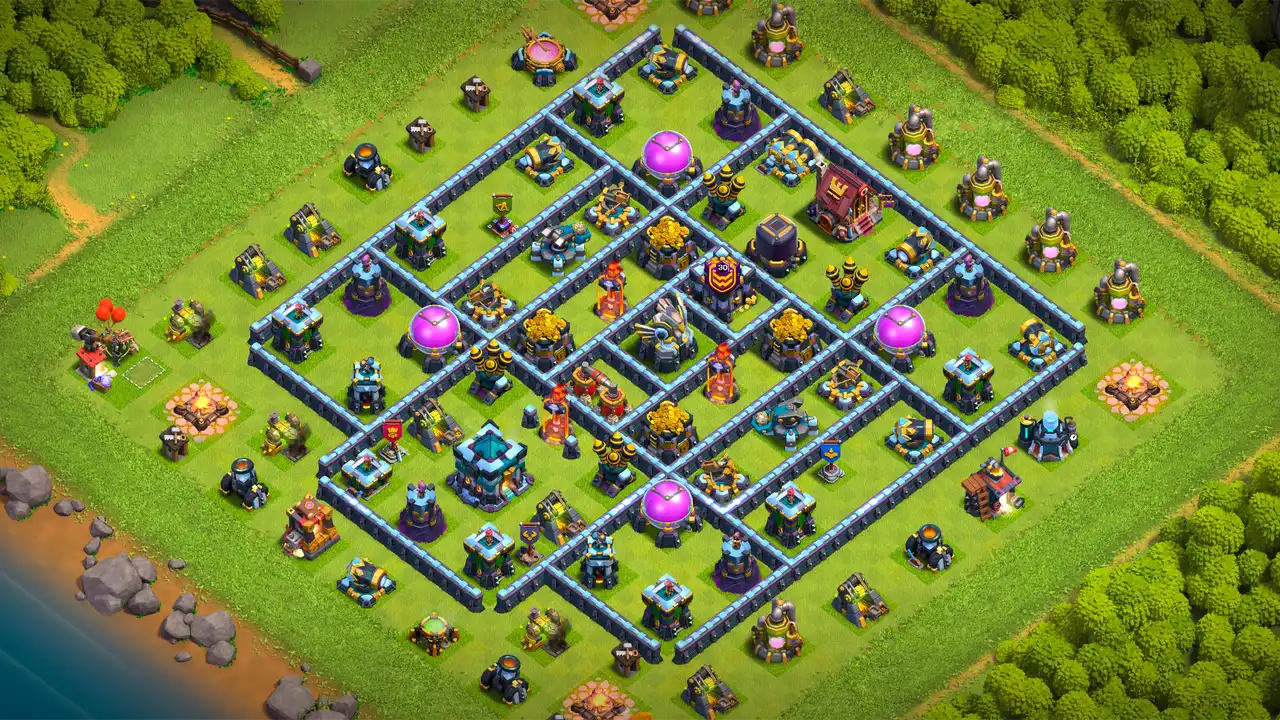 th13 anti 3 star farming base scout view - full base layout for clash of clans town hall 13