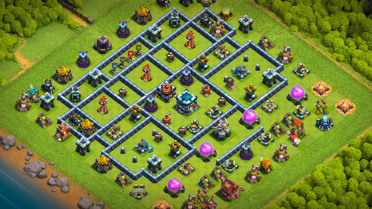 th13 anti 2 star trophy base scout view - full base layout for clash of clans town hall 13