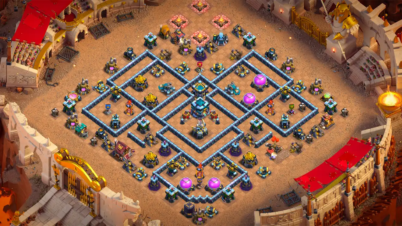 th13 anti 2 star war base scout view - full base layout for clash of clans town hall 13