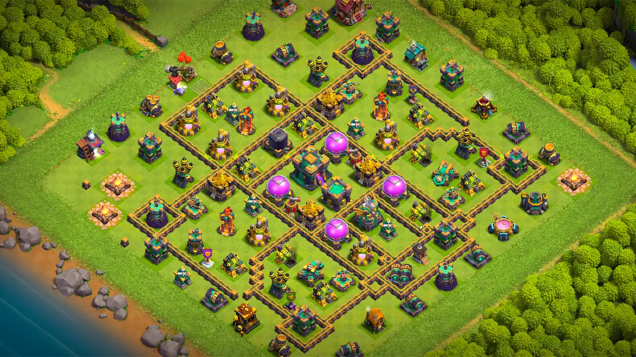 th14 anti 2 star farming base scout view - full base layout for clash of clans town hall 14