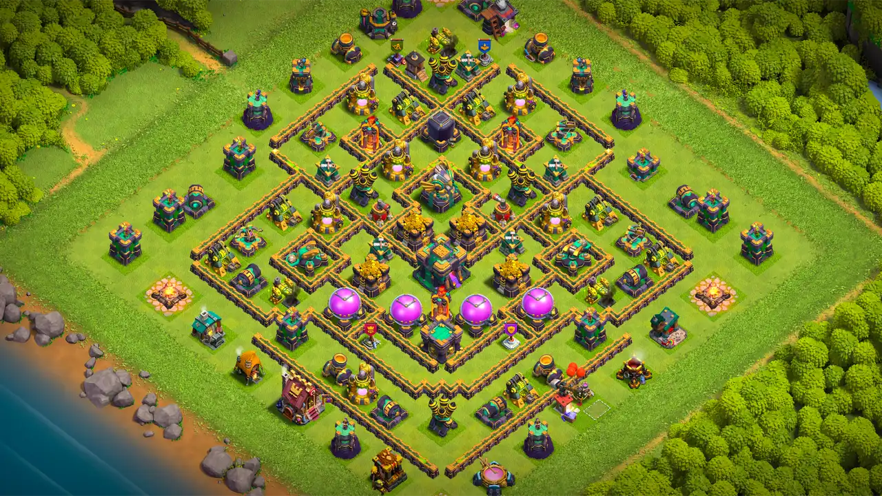 th14 anti 2 star farming base scout view - full base layout for clash of clans town hall 14