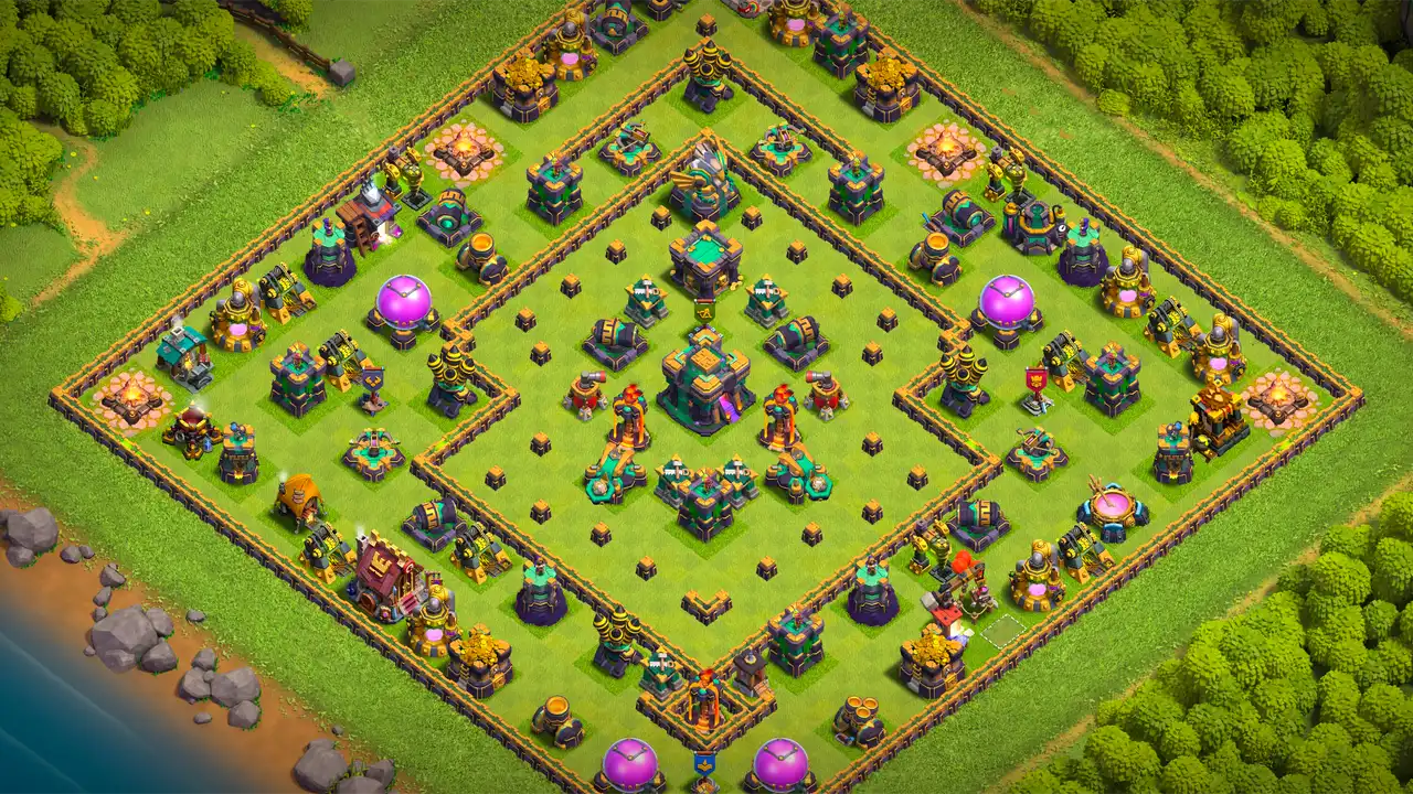 th14 anti 2 star trophy base scout view - full base layout for clash of clans town hall 14