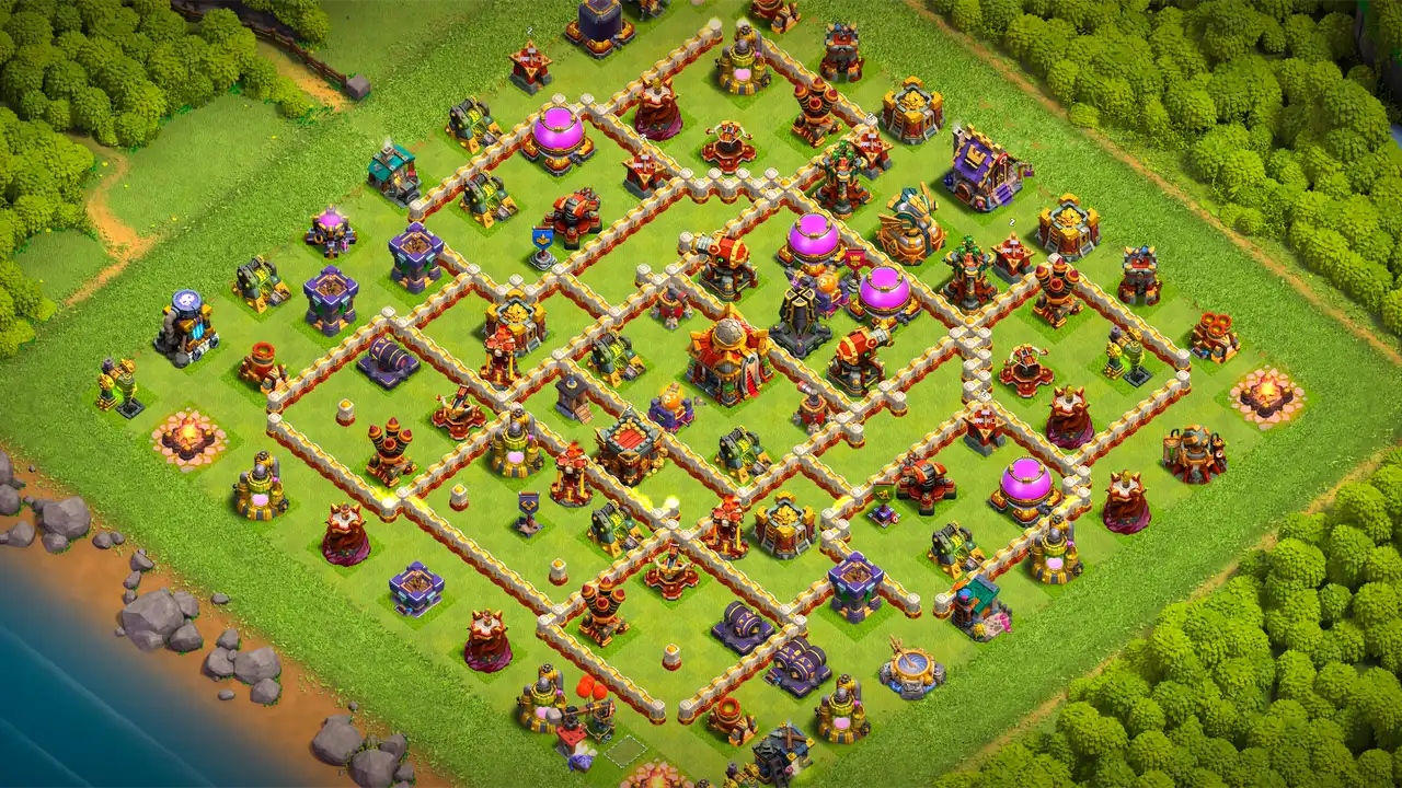 th16 anti 2 star trophy base scout view - full base layout for clash of clans town hall 16