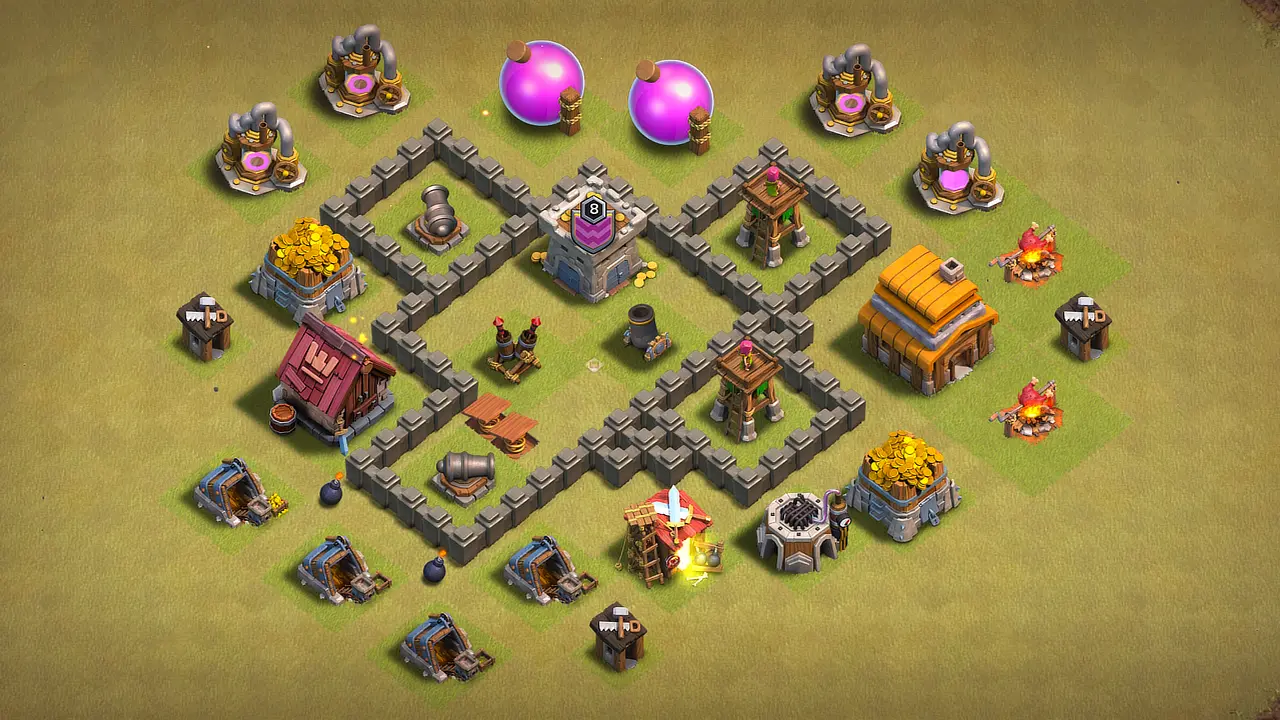 TH4 CWL base layout in Clash of Clans with asymmetric design, core Air Defense and Mortar to stop Giant Balloon and GiBarch.