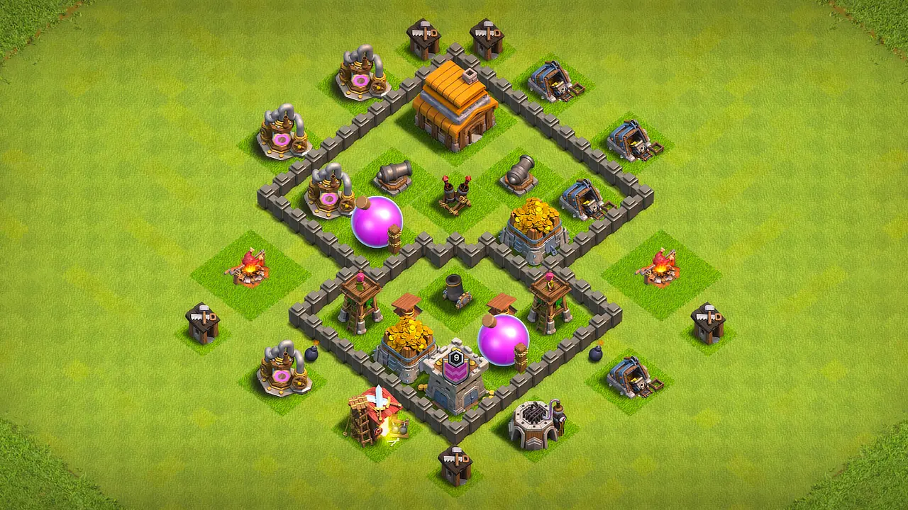 TH4 farming base layout in Clash of Clans with split storages and core defenses, Mortar and Air Defense to stop GiBarch and Balloons.