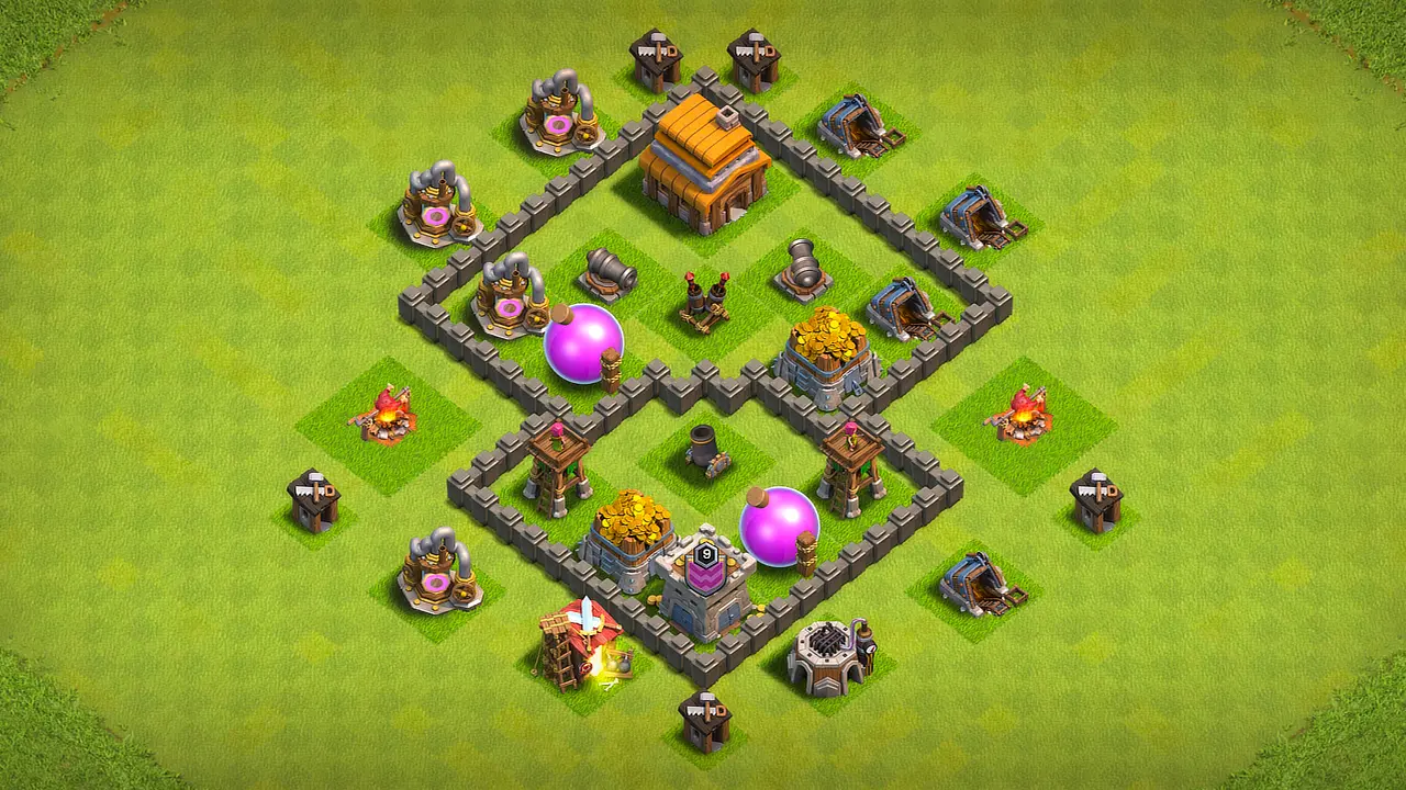 TH4 farming base scout view - full base layout for clash of clans town hall 4