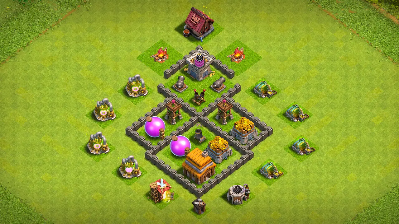 TH4 farming base scout view - full base layout for clash of clans town hall 4