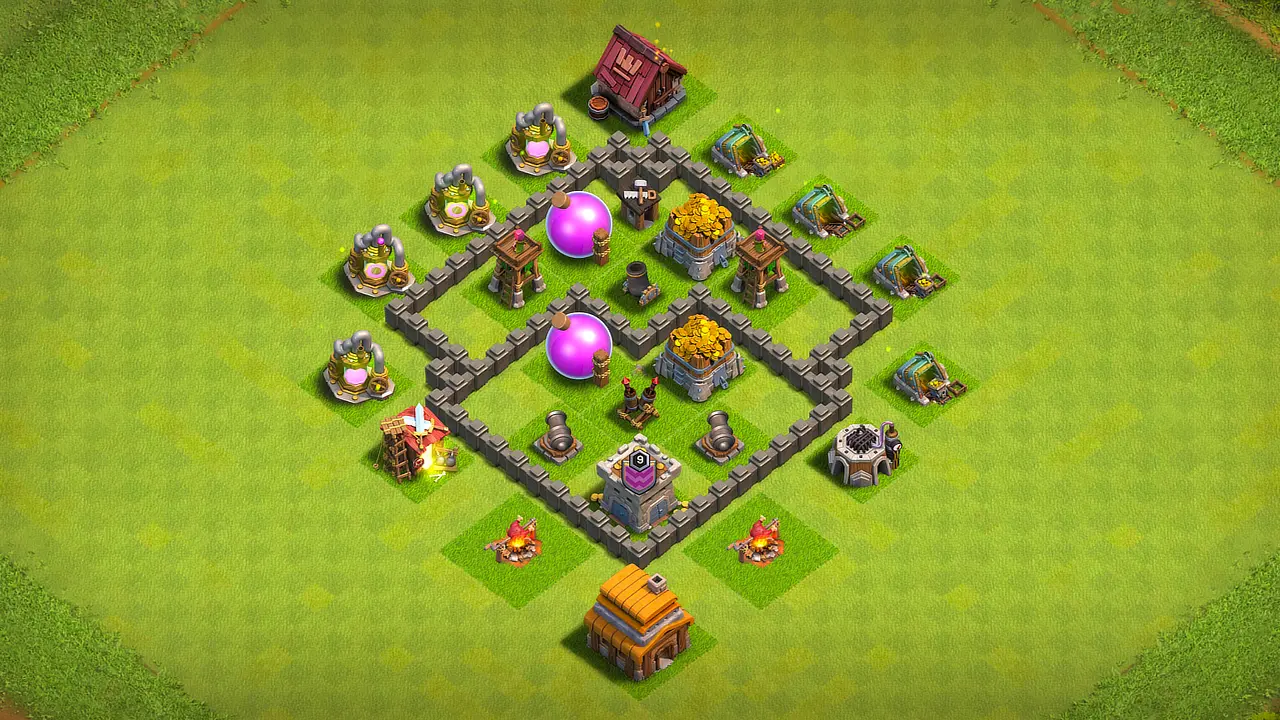 TH4 farming base scout view - full base layout for clash of clans town hall 4