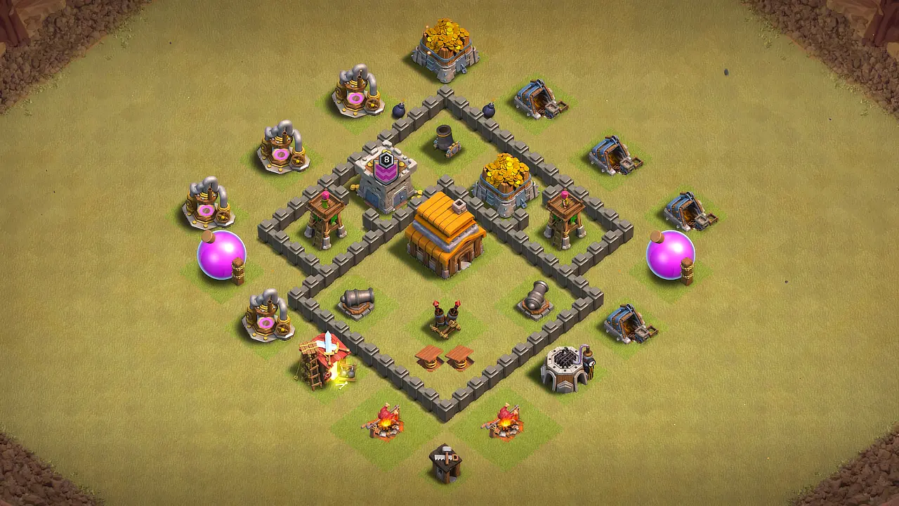 TH4 war base layout in Clash of Clans with Town Hall at the core, Spring Traps and Mortar to stop Giant Balloon and GiBarch.