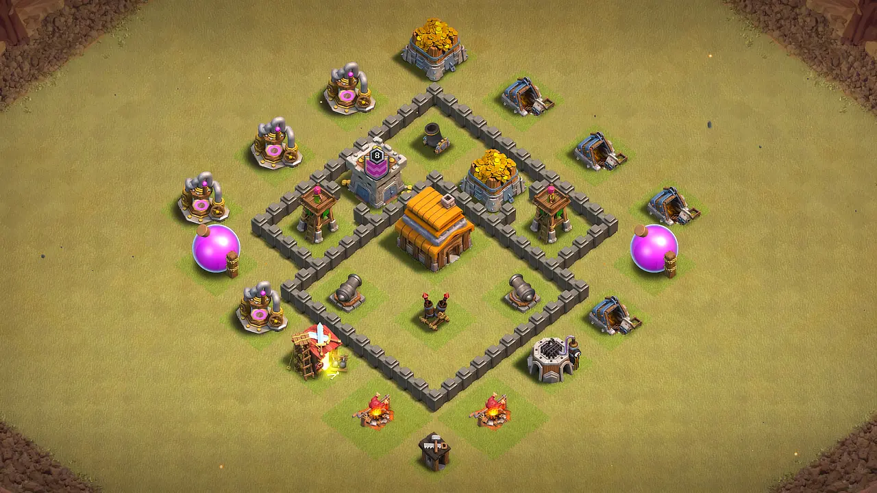 TH4 war base scout view - full base layout for clash of clans town hall 4