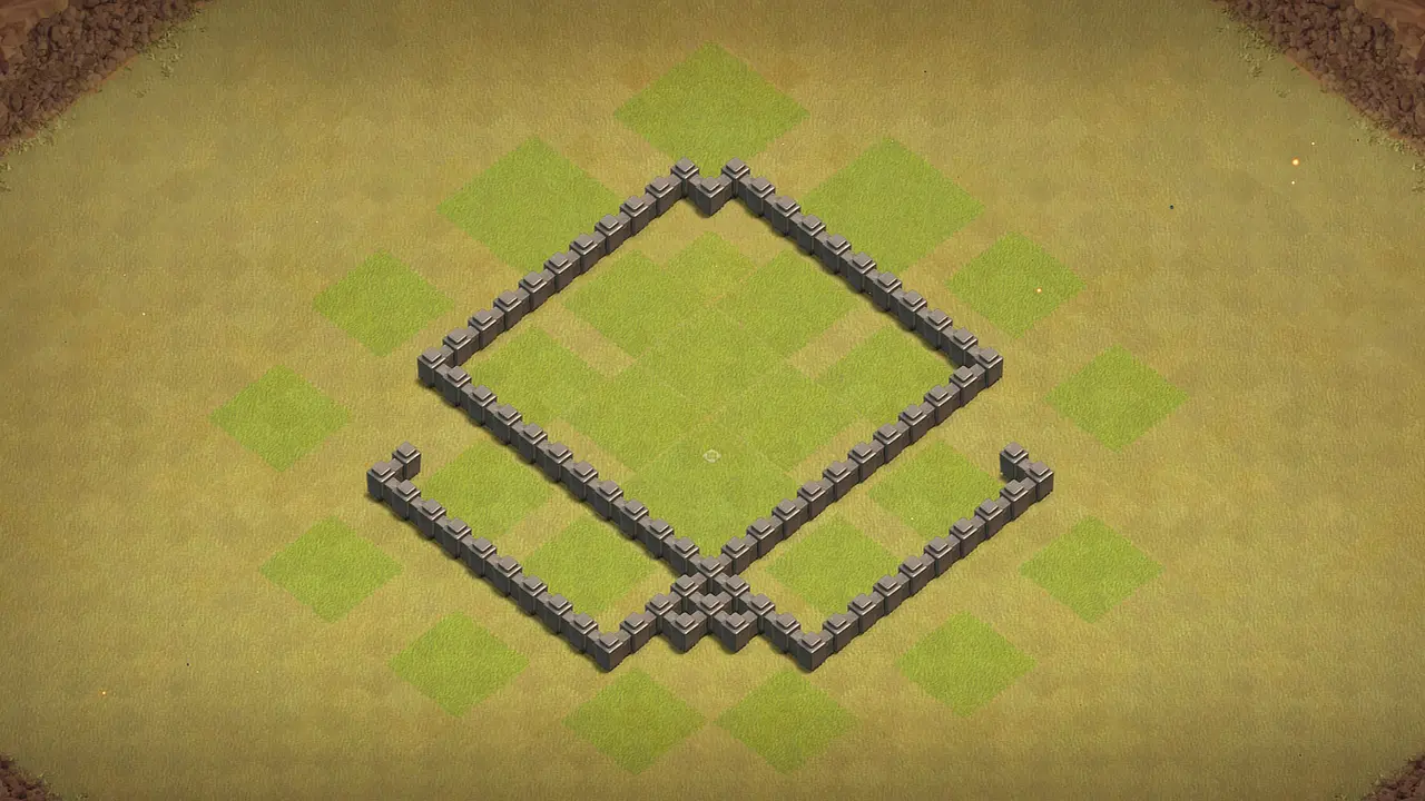 th4 anti-2 war base with unreachable Town Hall open wall funnel and spring trap zone wall view - wall layout only for clash of clans town hall 4