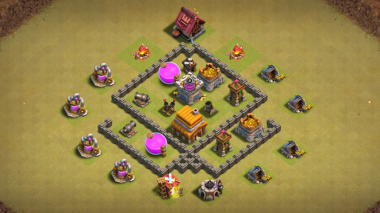 th4 anti-2 war base with unreachable Town Hall open wall funnel and spring trap zone scout view - full base layout for clash of clans town hall 4