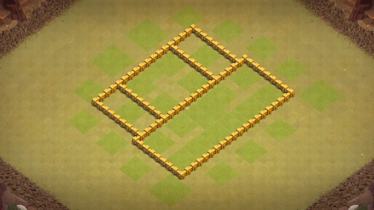 TH5 war base with box layout, Town Hall and Clan Castle at the core, stacked defenses, and CC troops shredding ground pushes. wall view - wall layout only for clash of clans town hall 5