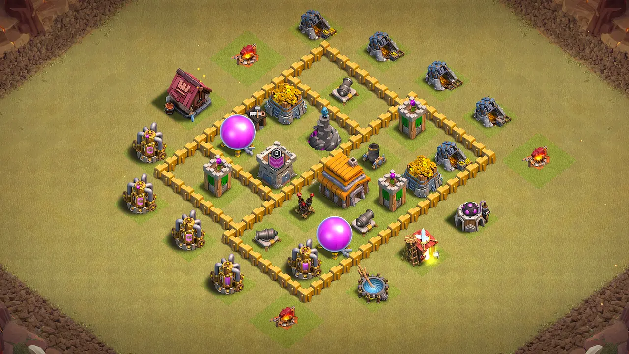 TH5 war base with box layout, Town Hall and Clan Castle at the core, stacked defenses, and CC troops shredding ground pushes. scout view - full base layout for clash of clans town hall 5