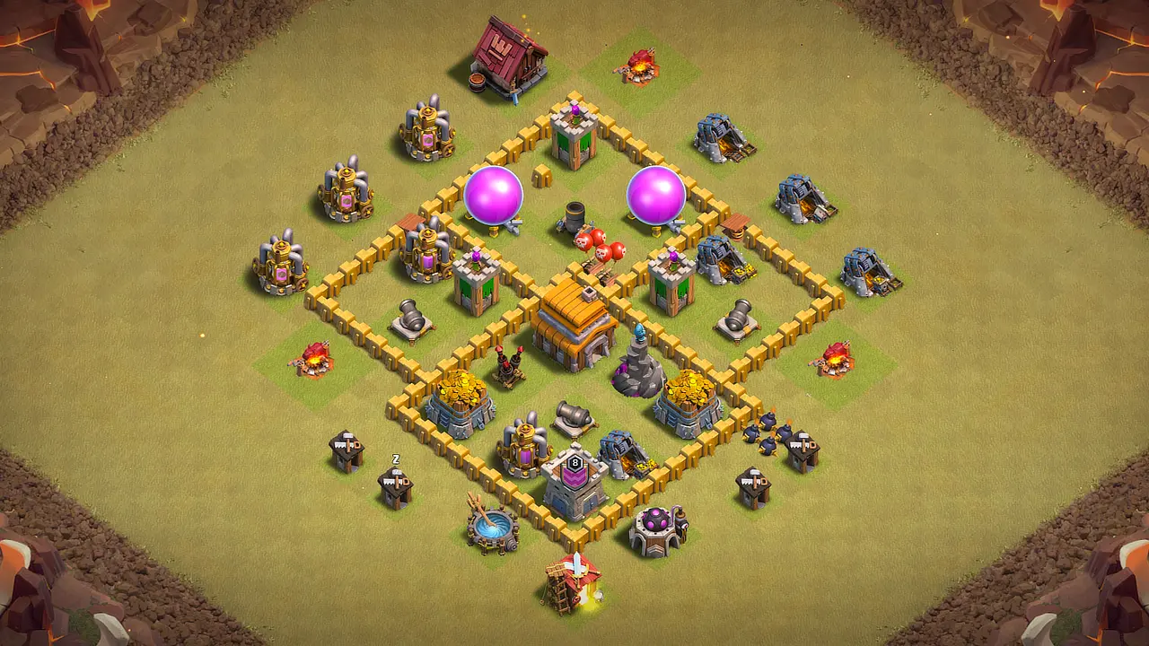 TH5 war base with four-section layout, deep centered Town Hall, clustered core defenses, and open walls slowing down attack planning.