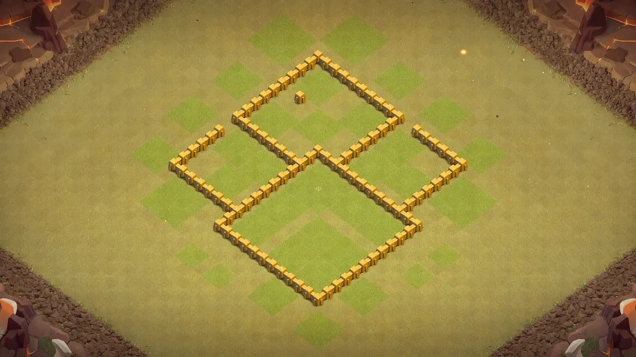 TH5 war base with four-section layout, deep centered Town Hall, clustered core defenses, and open walls slowing down attack planning. wall view - wall layout only for clash of clans town hall 5