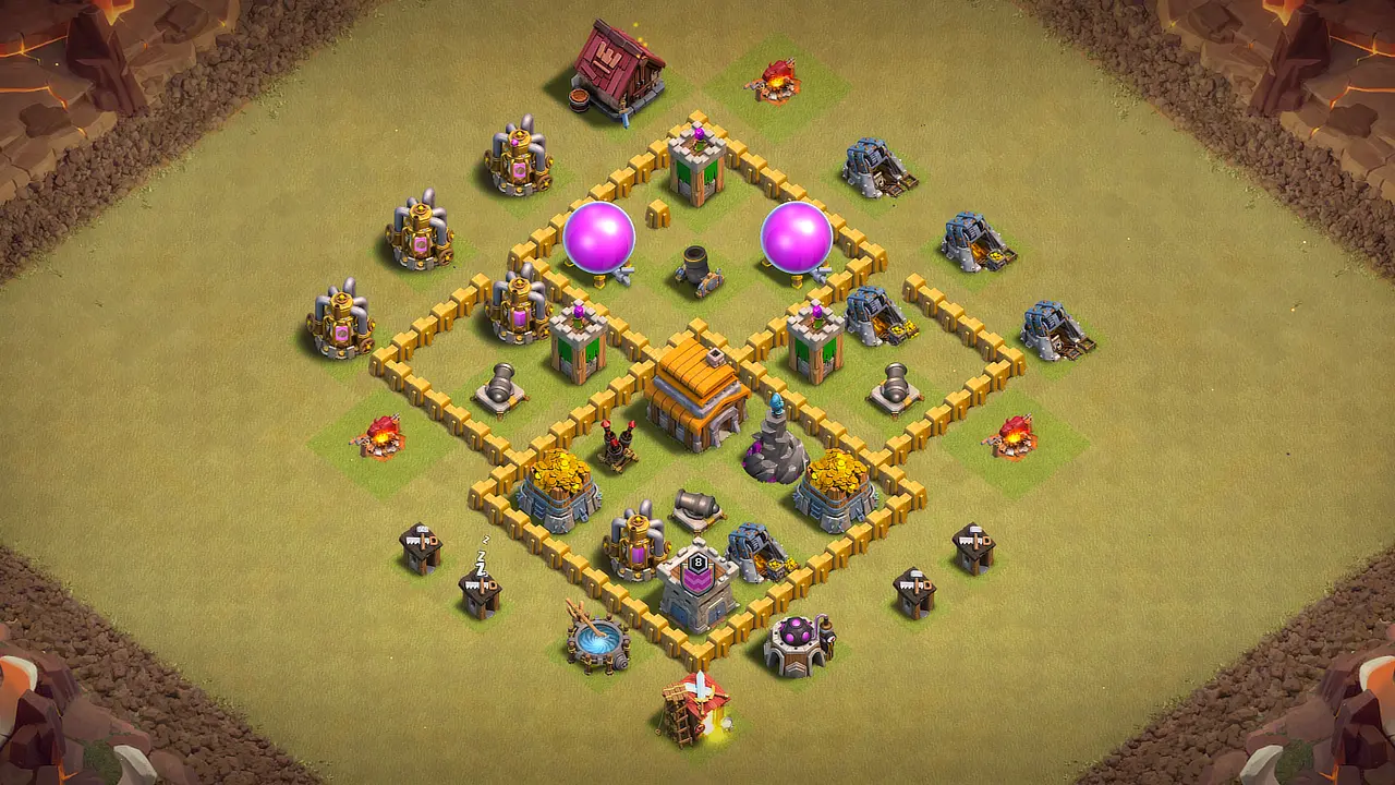 TH5 war base with four-section layout, deep centered Town Hall, clustered core defenses, and open walls slowing down attack planning. scout view - full base layout for clash of clans town hall 5