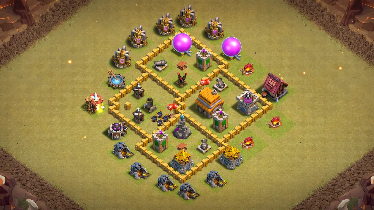 TH5 war base with isolated Mortar for full coverage, guarded Town Hall, Wizard Tower grinding Giants, and split Air Bombs stopping Balloons.