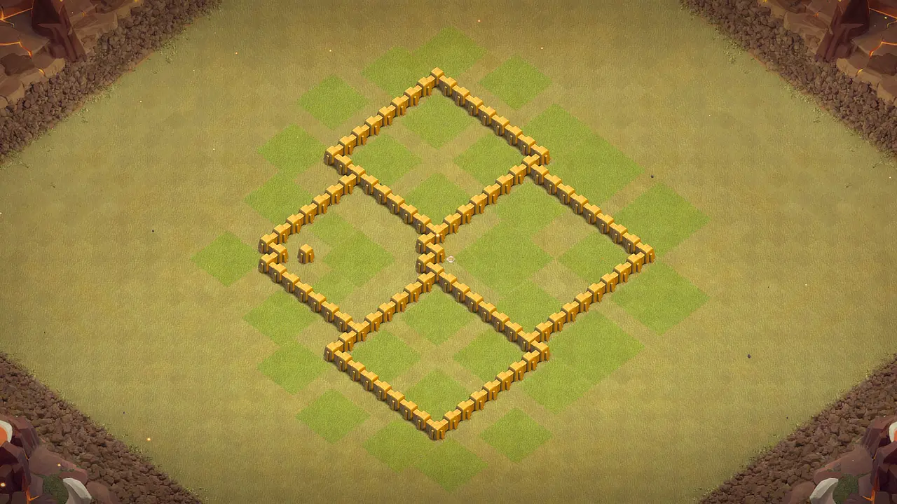 TH5 war base with isolated Mortar for full coverage, guarded Town Hall, Wizard Tower grinding Giants, and split Air Bombs stopping Balloons. wall view - wall layout only for clash of clans town hall 5