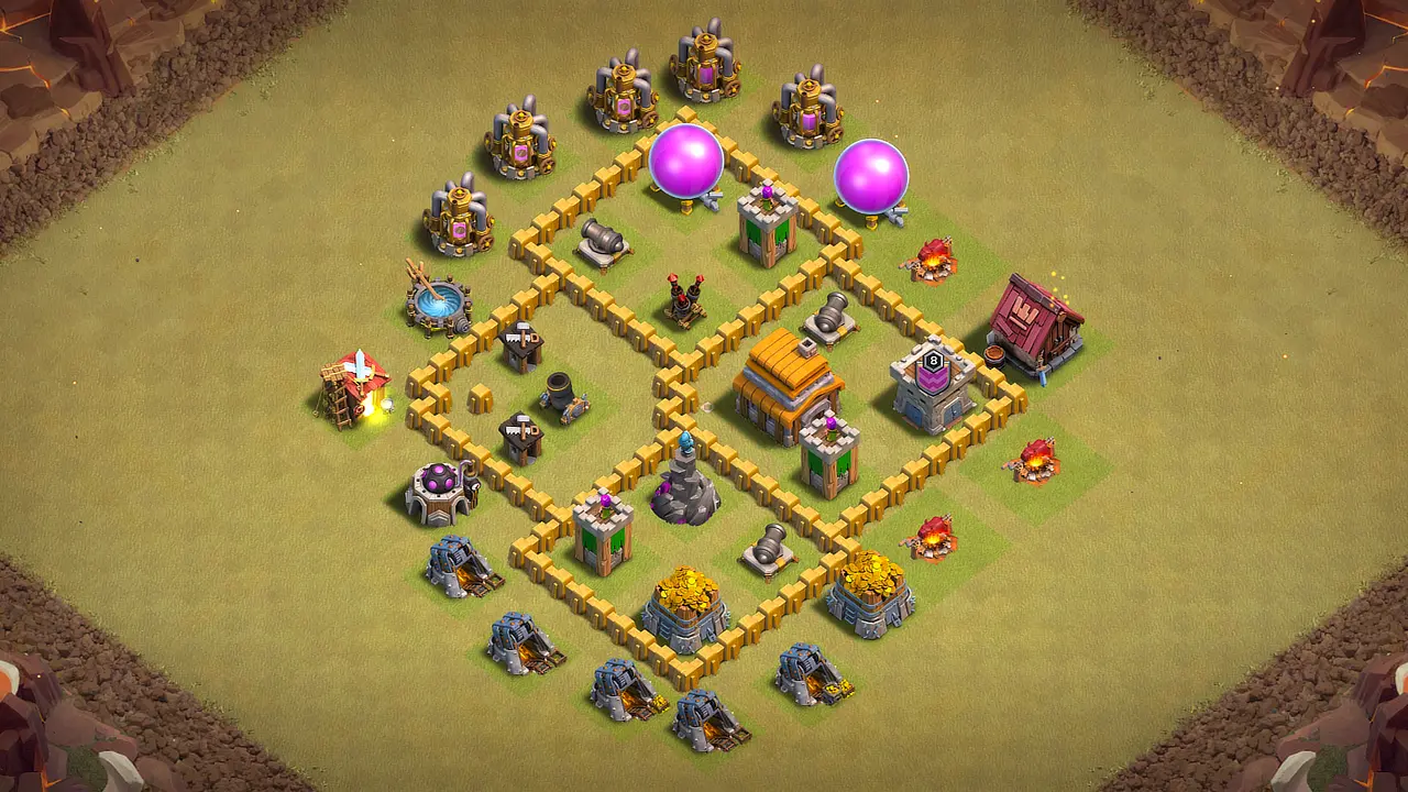 TH5 war base with isolated Mortar for full coverage, guarded Town Hall, Wizard Tower grinding Giants, and split Air Bombs stopping Balloons. scout view - full base layout for clash of clans town hall 5