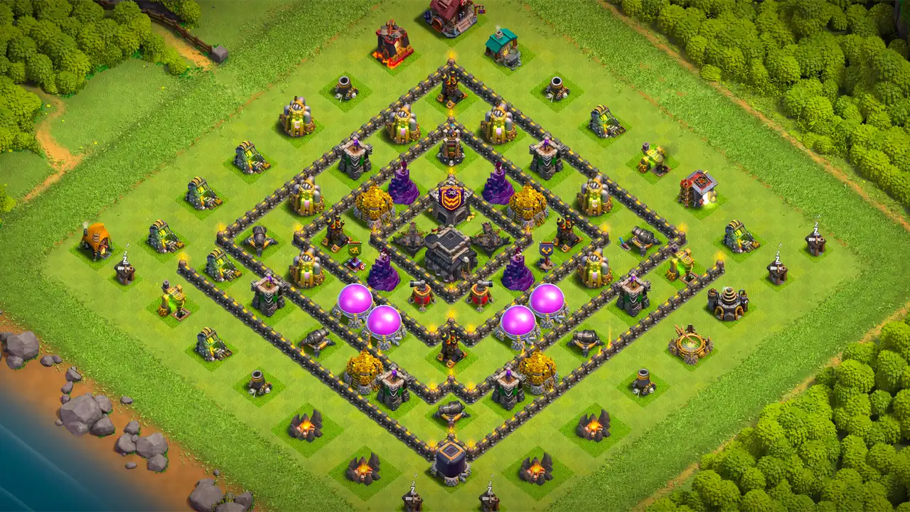 th9 anti 2 star trophy base scout view - full base layout for clash of clans town hall 9