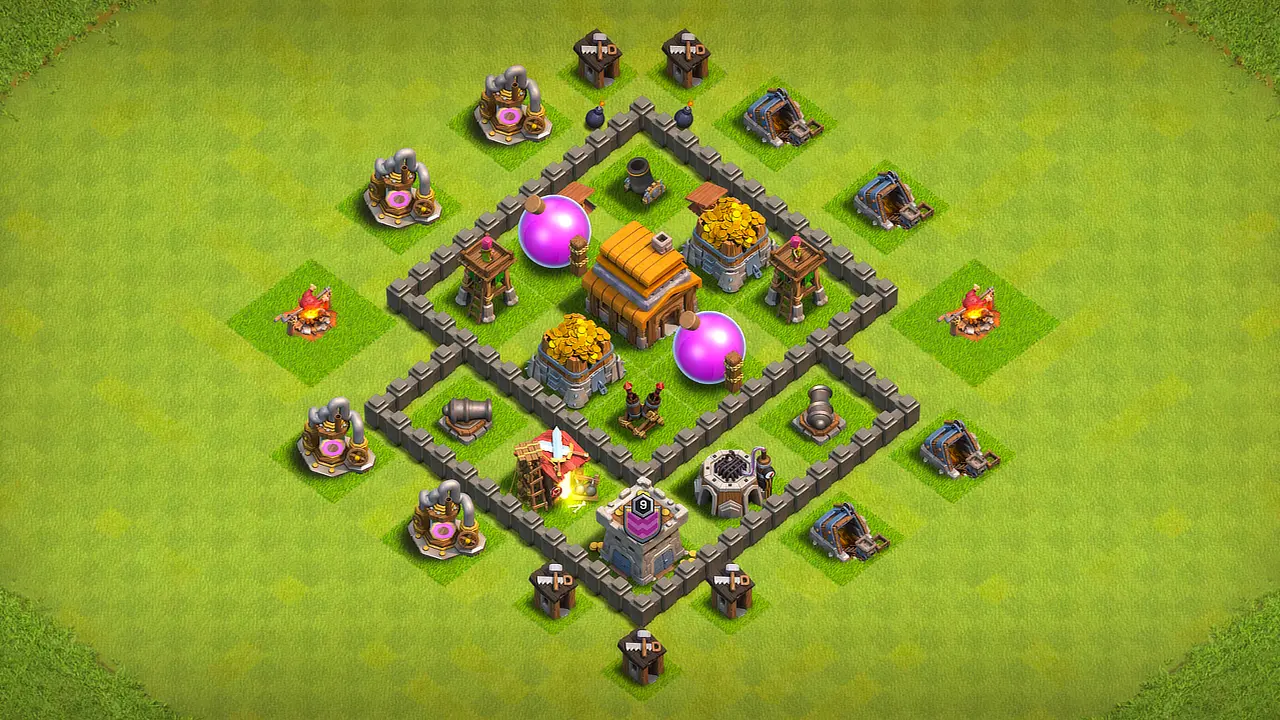 TH4 anti-2-star farming base layout in Clash of Clans with storages walled in beside the Town Hall and a core Air Defense to stop Balloons.
