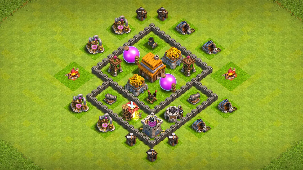 TH4 anti-2-star farming base scout view - full base layout for clash of clans town hall 4