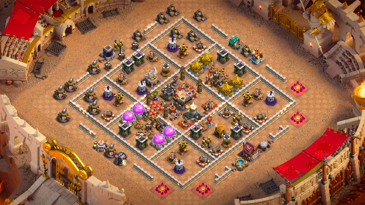 TH11 CWL base layout in Clash of Clans with the Hot Candle in the core, X-Bows in air mode to stop Mass Dragon and Super Yeti Clone.