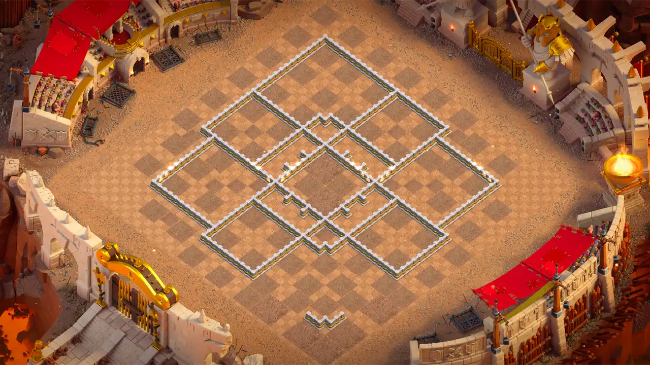Wall layout of the TH11 Anti-2 Hero Hunter war base in Clash of Clans, showing the core compartment that holds the Town Hall and Eagle Artillery with a 4 tile gap to the outer ring.