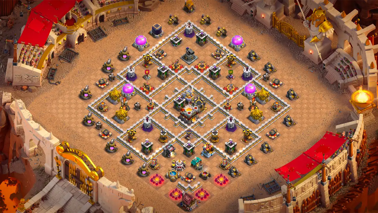 Full defense placement of the TH11 Anti-2 Hero Hunter war base in Clash of Clans, with the Town Hall and Eagle Artillery in the core and the Hero Hunter in the top compartment.