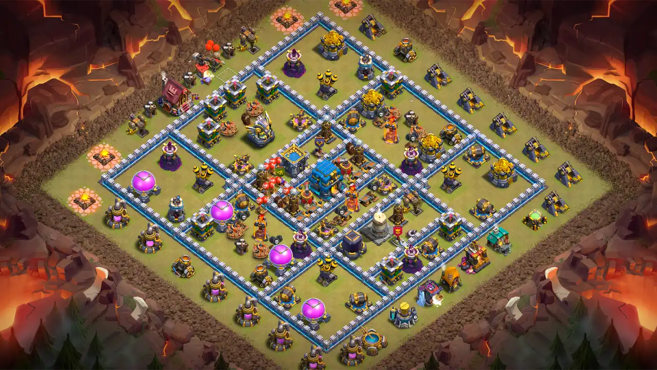 TH12 CWL base layout in Clash of Clans with the Town Hall in the core, X-Bows and Teslas to stop Dragon Super Yeti Clone attacks.