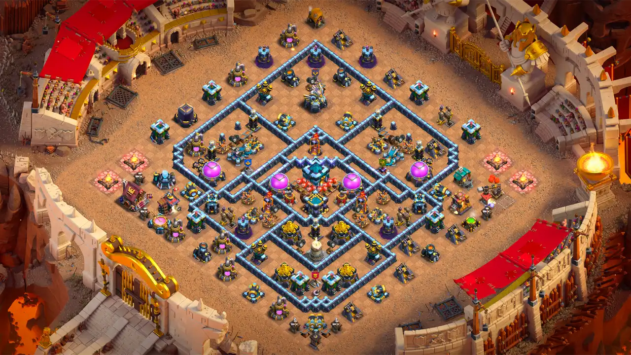 TH13 Anti-2 CWL base layout in Clash of Clans with the Town Hall in the core, Hot Candle and Eagle Artillery to stop air spam attacks.