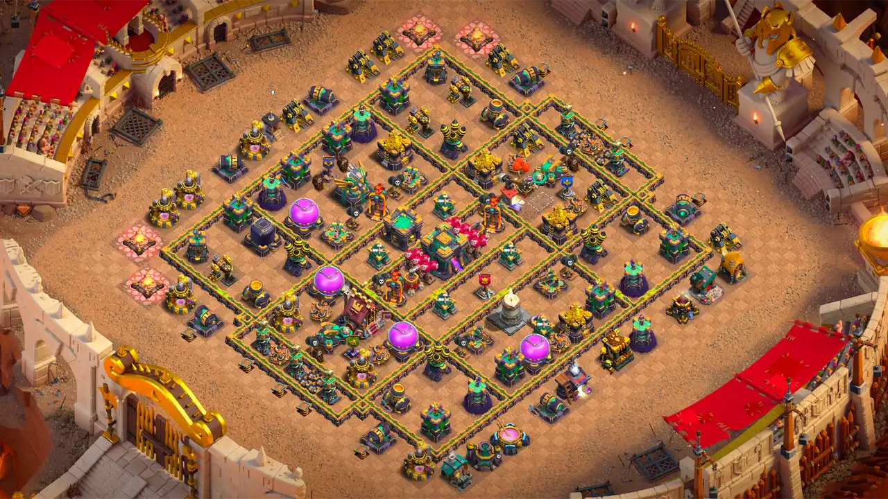 TH14 Anti-2 CWL base layout in Clash of Clans with spread out key defenses, Inferno Towers and Hot Candle to stop ground and air attacks.