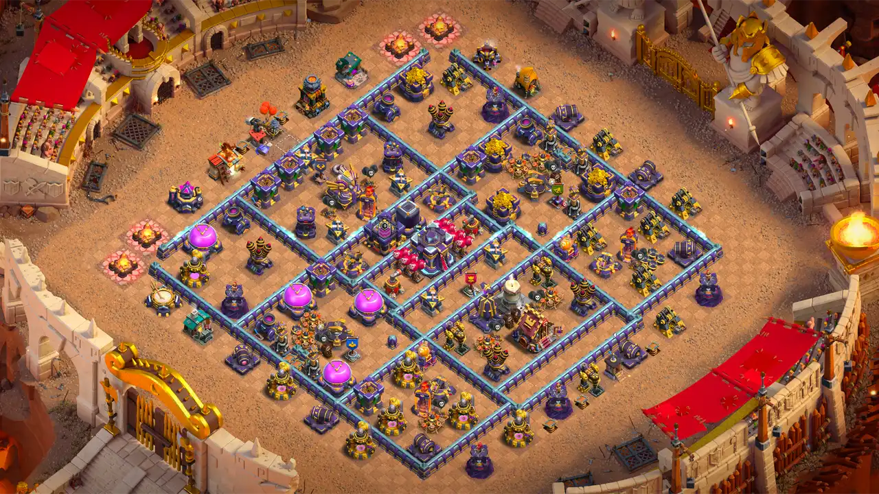 TH15 Anti-2 CWL base layout in Clash of Clans with spread out defenses, Hot Candle and Monolith to stop ground and air attacks.